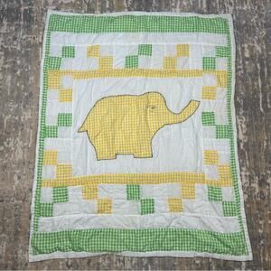 Vintage Handmade Elephant Yellow Green Gingham Nursery Crib Baby Quilt